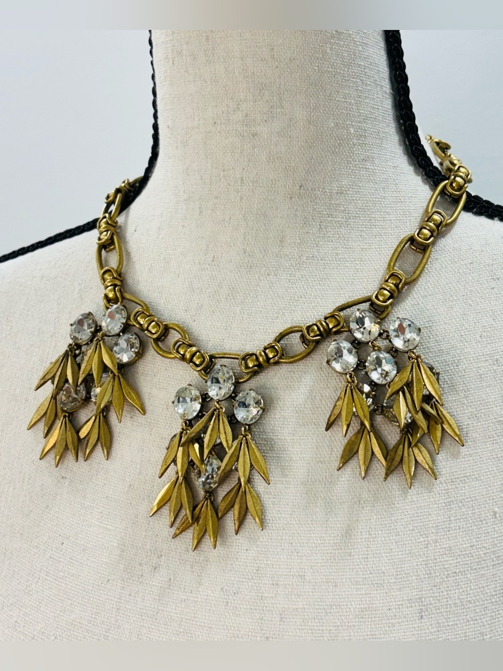 J. Crew Archival Rhinestone Leaf Fringe Statement Necklace - Gold/Brass Perfect